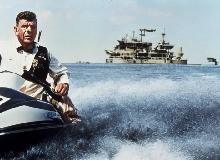 Prompt: andy griffith as matlock on a jetski hopping waves surrounded by pirate ships, movie still, an explosion is in the background, 8 k, realistic