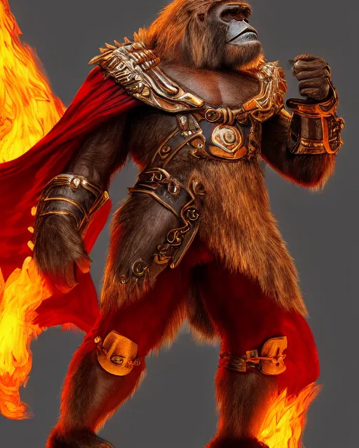 Prompt: fury art, an anthro ape wearing a large cape and a fantasy armor, fire, fiery background, 3 d, 8 k, extremely detailed, trending on furaffinity, trending on artstation, award winning, sharp focus, illustration