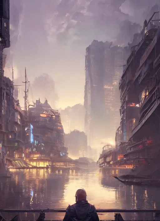 Image similar to portrait, futuristic river town. Dramatic lighting, cinematic, establishing shot, extremely high detail, photo realistic, post processed, artstation, matte painting, style by eddie mendoza, raphael lacoste, alex ross