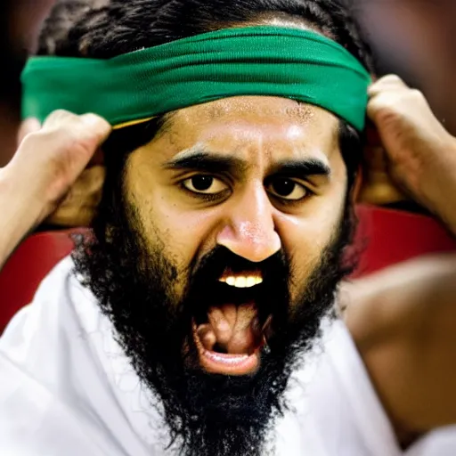 Image similar to facial portrait of osama bin laden shooting free throws, boston celtics jersey, wearing a headband, sweating, focused