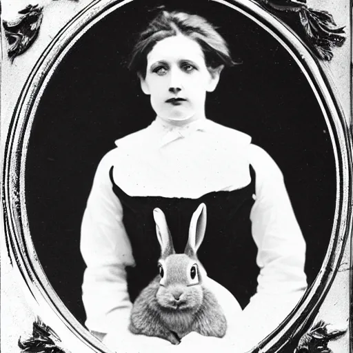 Prompt: a rabbit dressed as an edwardian woman, black and white old photograph