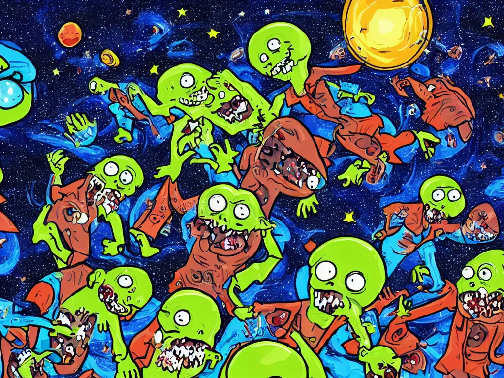 Image similar to exploding zombies in space, children's illustration, cartoon