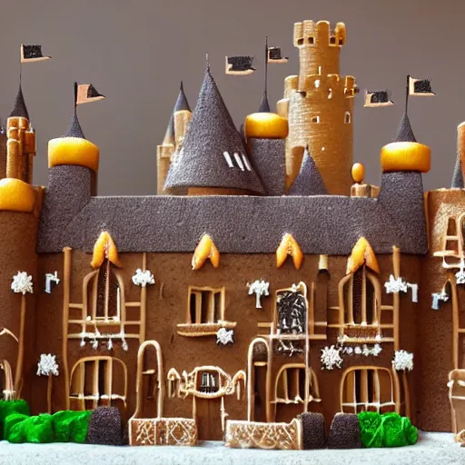 Prompt: people walking into the castle by walt disney buit made from gingerbread and stuff, live action digital art