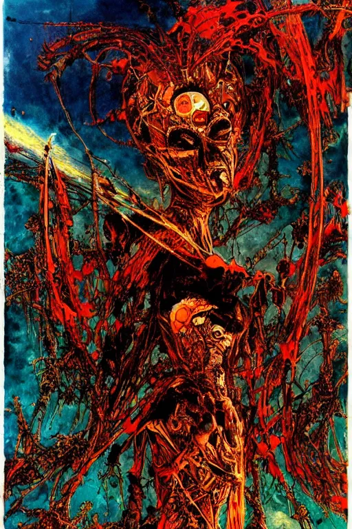 Image similar to energy of the body always goes somewhere, the dead are still here, art by philippe druillet and arthur suydam and jeffrey catherine jones, oil painting, front lighting first - person view telephoto lens, fractalism, vaporwave, profile picture, dadaism