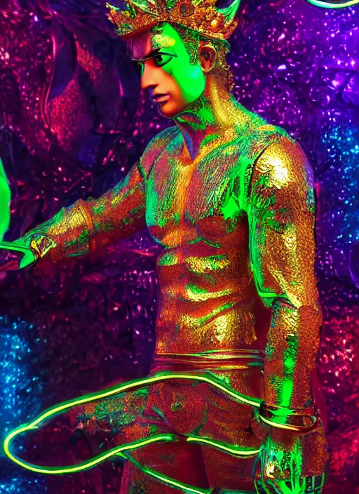Prompt: photo of baroque and bladerunner delicate neon emerald sculpture of seductive king william levy tigers orange iridescent humanoid deity wearing metallic jungle leaves holding the sun prismatic dungeon, glowing rainbow face, crown of white diamonds, cinematic lighting, photorealistic, octane render 8 k depth of field 3 d