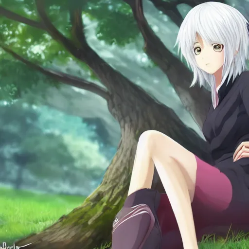 Prompt: beautiful anime girl with white hair sitting next to a tree which was formerly a human, artstation, high quality, highly detailed, drawn wpl