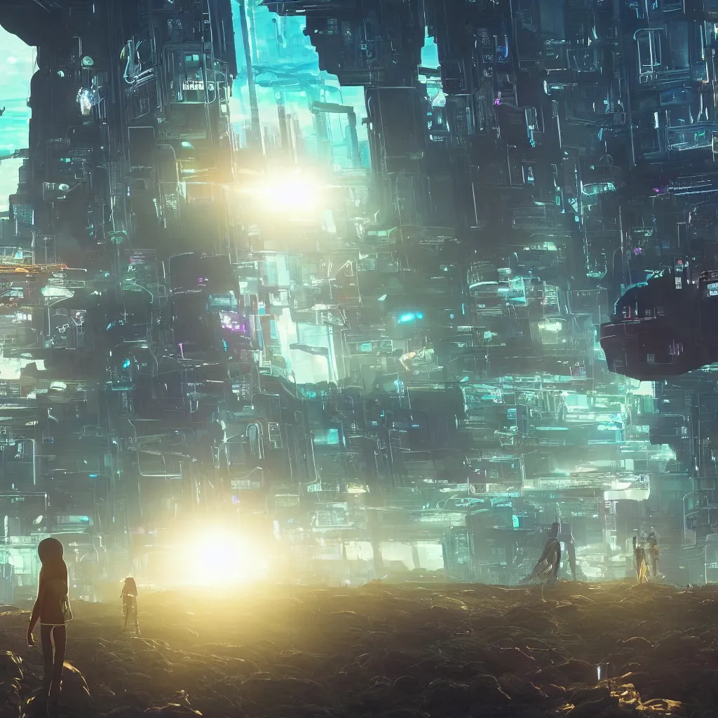 Image similar to a cinematic composition depicting : we're looking aside of a a translucid crystal android being, whos is behind their hud viewing out of their window how a high tech lush solarpunk tribe collaborating with their technologic android helpers encroaching on a distant cyberpunk world at sunrise