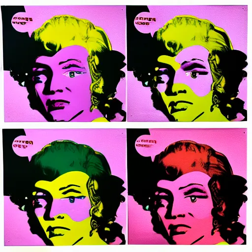 Image similar to old - style cyborg, 6 panels by andy warhol, with highly contrasted colors and an illuminating background