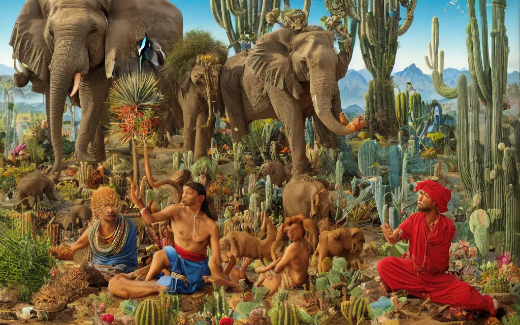 Image similar to a portrait photograph of a meditating elephant shaman and a elephant prince feeding tropical animals at a wide river delta. surrounded by bulbous flowers, animals, trees and cacti. mountain range under a vast blue sky of burning stars. painted by jan van eyck, max ernst, ernst haeckel and artgerm, cgsociety, artstation, fashion editorial