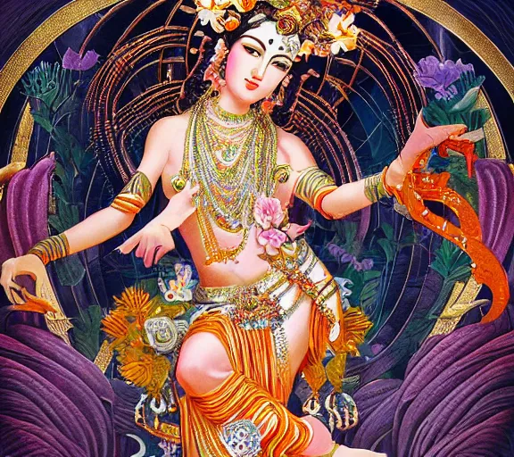 Image similar to breathtaking detailed concept art painting art deco pattern a beautiful devi goddess with shinny skin on sitted on an intricate metal throne, hands pressed together in bow, light - flowers with kind piercing eyes and blend of flowers and petals, by hsiao - ron cheng and john james audubon, bizarre compositions, exquisite detail, extremely moody lighting, 8 k h 1 0 2 4