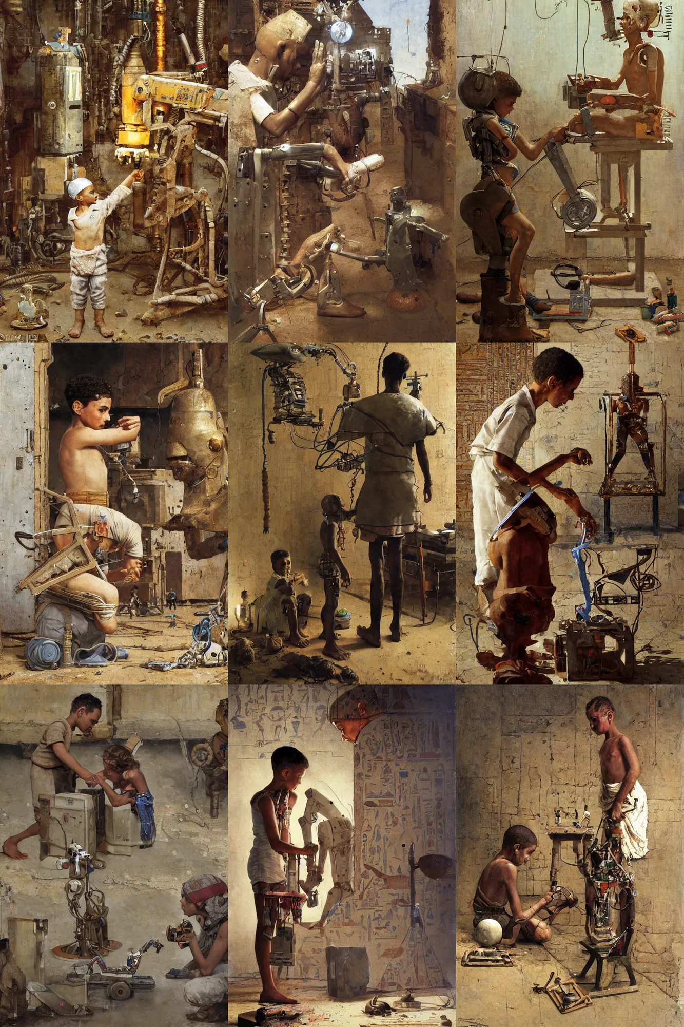 Prompt: an ancient Egyptian boy fixing his robot, part by Norman Rockwell, part by Greg Rutkowski , part by Mattias Adolfsson, volumetric lighting oil on canvas