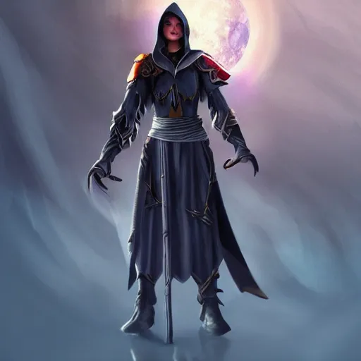 Prompt: moon theme magic rogue warrior with silver robes, highly detailed, 4k, HDR, award-winning, cinematic, artstation