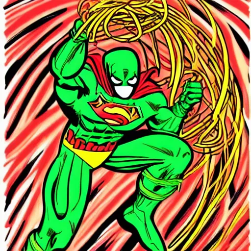 Prompt: A spaghetti superhero, Marvel comic book drawing