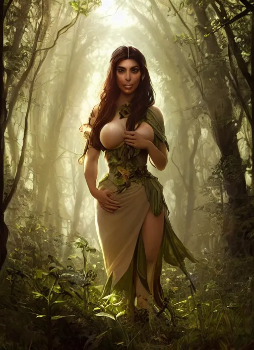 Image similar to Kim Kardashhian as a elf on a beautiful lush forest meadow, afternoon, art by Artgerm and Greg Rutkowski and Alphonse Mucha, DAZ, hyperrealistic, ambient light, dynamic light, vray