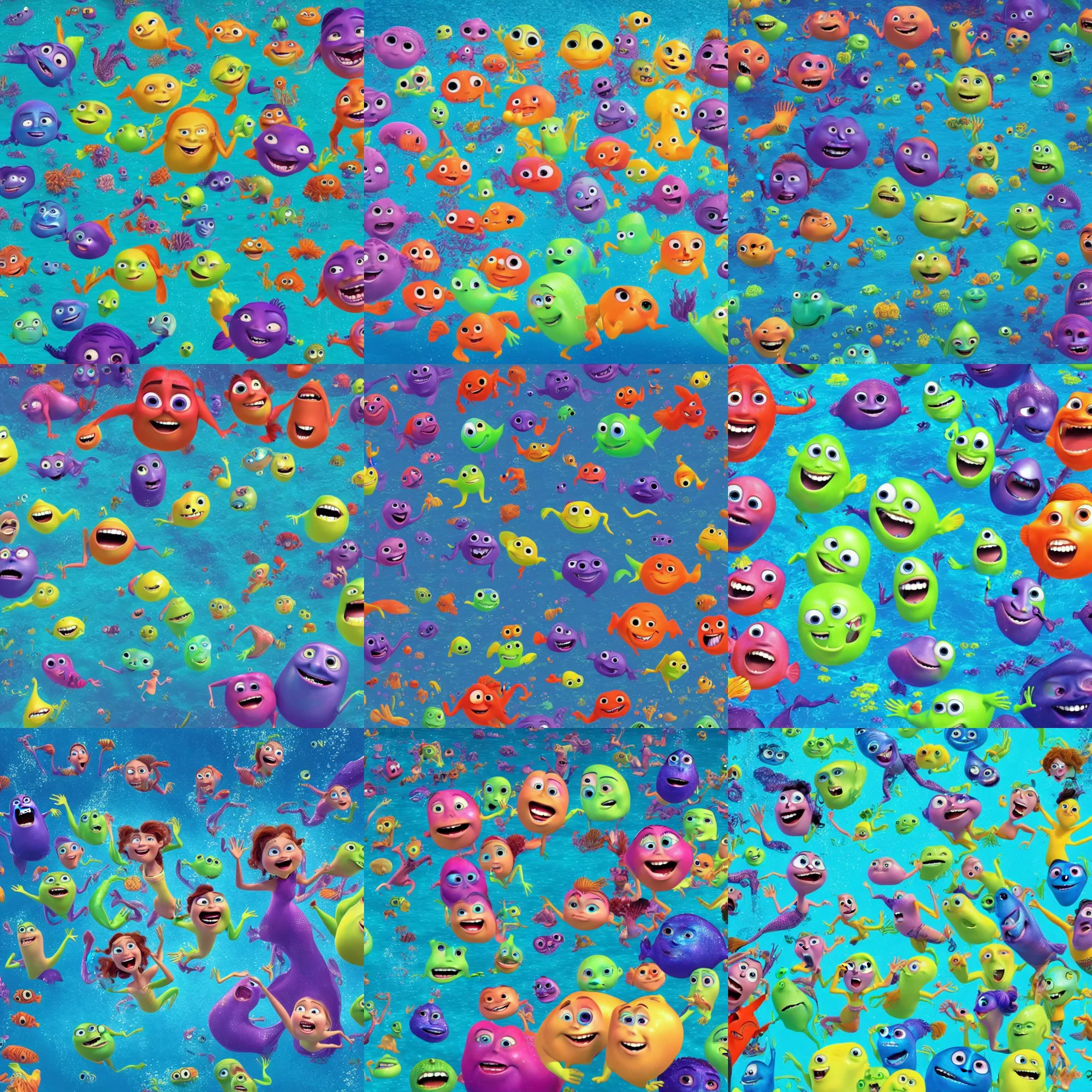 Prompt: a bunch of people dancing underwater, pixar illumination studios animated movie, extremely joyful and eerie smiles, slimy fluid liquid blobs