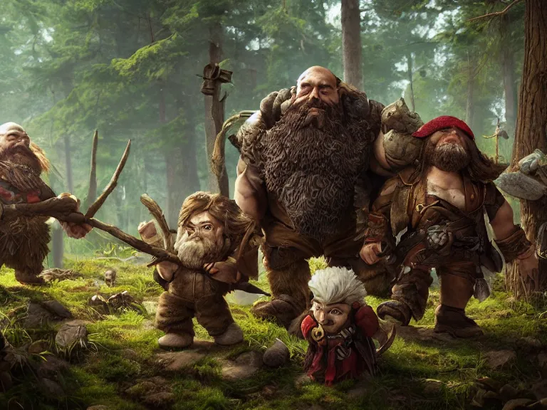 Image similar to Heroic Dwarf woodsmen treading forest with their Companion Raven, RPG Scene, Oil Painting, Trending on Artstation, octane render, Insanely Detailed, 8k, HD