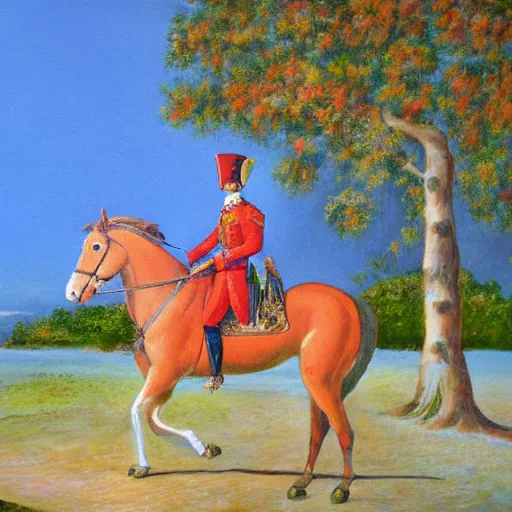 Image similar to napoleon riding a squirrel on the beach with crepe myrtles in the background, oil painting