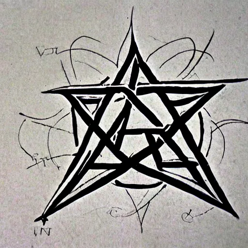 Prompt: magic pentagram iconography old book vintage bible occult rune sketch alchemy