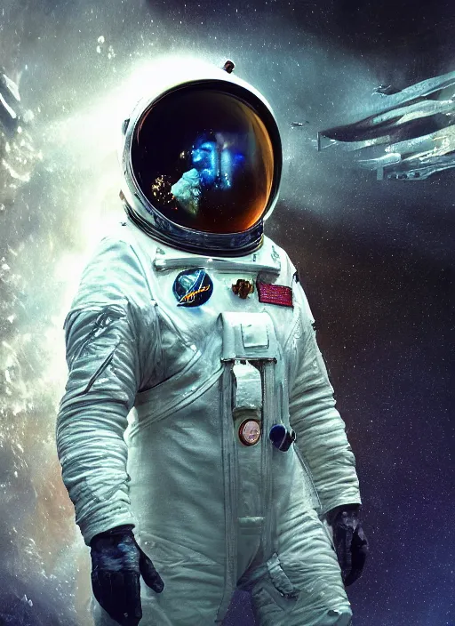 Image similar to cgi poster art by craig mullins astronaut in futuristic dark and empty spaceship underwater. infrared glowing lights. complex and hyperdetailed technical suit. reflection and dispersion materials. rays and dispersion of light. volumetric light. 5 0 mm, f / 3 2. noise film photo. flash photography. octane render. interstellar movie poster