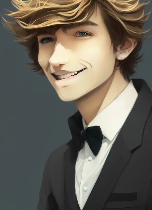 Image similar to young man with medium - length, curly, golden hair, perfectly proportioned face, aquamarine eyes, sweet smile, wearing a black suit, natural lighting, path traced, highly detailed, high quality, animation art, digital painting, by new haicheng and studio ghibli