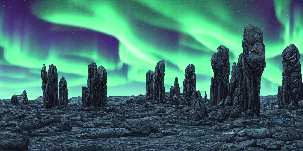 Image similar to highly detailed photoreal eldritch biomechanical rock monoliths, stone obelisks, aurora borealis, psychedelic