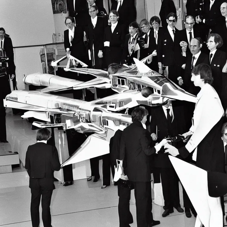 Image similar to a transforming mecha-concorde is presented with the medal d'honneur,Paris 1982