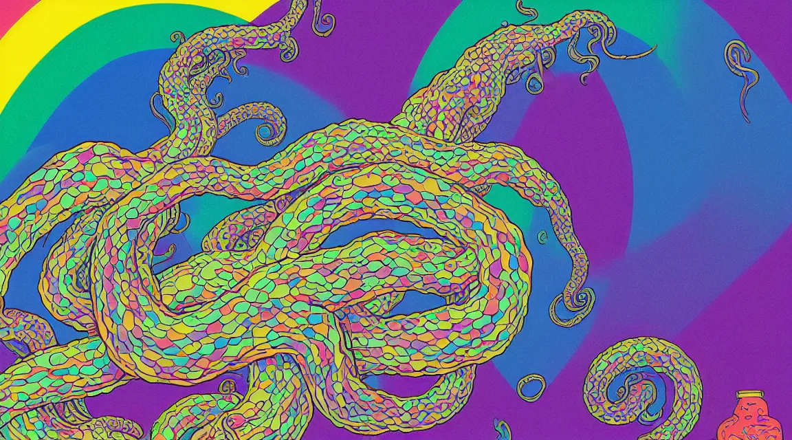 Image similar to a portrait of a giant tentacle monster with psychedelic arms on an acid trip in a multicoloured rainbow in the cosmos, flat design, screen print by Kawase Hasui and dan hillier, 8k unreal engine