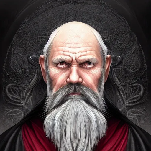 Image similar to old male archmage, head shot, portrait, no eyebrows, piercing gaze, black robes, long short red beard, short white hair, all black eyes, black horn, D&D, fantasy, intricate, elegant, highly detailed, digital painting, artstation, concept art, smooth sharp focus, illustration, art by artgerm and greg rutkowski and alphonse mucha.