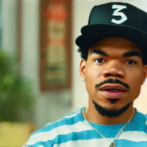 Image similar to a tv still of Chance The Rapper starring as a college student in a 1989 black sitcom, 40mm lens