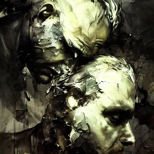 Image similar to man stealing energy from another man by emil melmoth zdzislaw belsinki craig mullins yoji shinkawa realistic render ominous detailed photo atmospheric by jeremy mann francis bacon and agnes cecile ink drips paint smears digital glitches glitchart