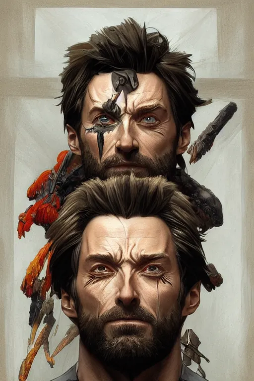 Image similar to symmetry!! portrait of hugh jackman in the boys in the style of god of war, machine parts embedded into face, intricate, elegant, highly detailed, digital painting, artstation, concept art, smooth, sharp focus, illustration, art by artgerm and greg rutkowski and alphonse mucha, 8 k