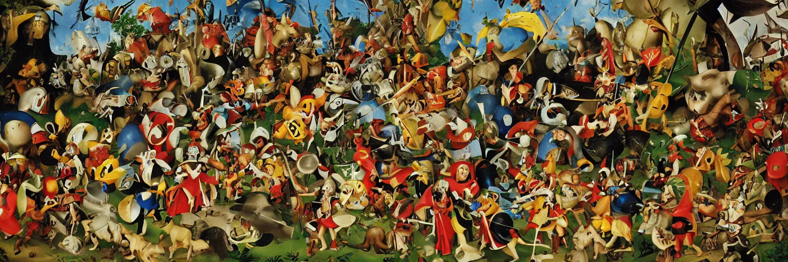 Prompt: Asterix and Obelix in the Garden of Earthly Delights. highly detailed, helmets, faces, studio lighting