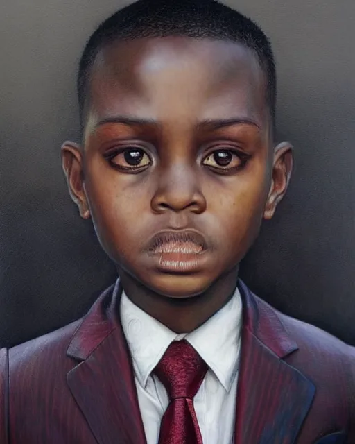 Prompt: portrait of a 7 year old child gang leader, dark, gritty, wearing a suit, criminal, very detailed eyes, hyperrealistic, beautiful, very detailed painting by Glenn Fabry, by Joao Ruas, by Artgerm