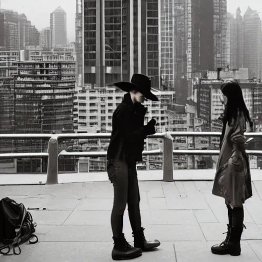 Image similar to a small rooftop with a couple of modern teenagers wearing cowboy boots and dr martens standing and talking to each other, wearing black modern clothes, modern shanghai bund is on the background, sunset, by gregory crewdson