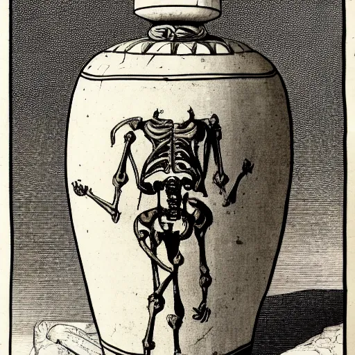 Image similar to roman jar illustrated with exploding skeletons