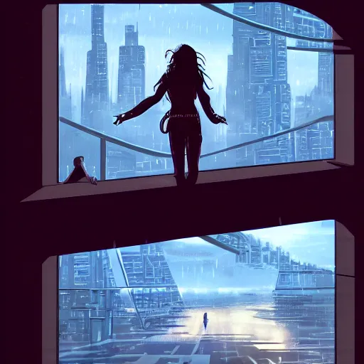 Prompt: in the style of Vincent Di Fate and Chris Moore, a young beautiful attractive girl is looking out of a window at a vast futuristic city, the city fills the background, it is raining , very highly detailed, 8k, wallpaper