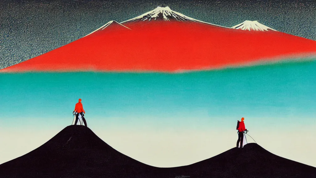 Image similar to climber at the base of mount fuji, japan, a collage painting, in the style of wes anderson, lola dupre, david hockney, isolated on negative white space background dark monochrome neon spraypaint accents volumetric octane render