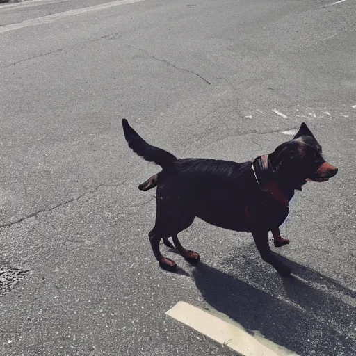 Image similar to high quality photo of a bipedal dog walking down the street, artistic