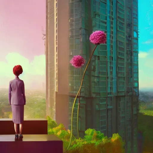 Image similar to huge flower as head, woman in suit standing by tall modern windows, luxury apartment, surreal photography, sunlight, impressionist painting, digital painting, artstation, simon stalenhag