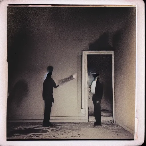 Prompt: Two male silhouettes on an abandoned theatre stage, polaroid picture, colour, bright, vignette, 4k, vague