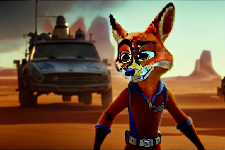 Image similar to nick wilde ( from zootopia ), heavily armed and armored facing down armageddon in a dark and gritty reboot from the makers of mad max : fury road