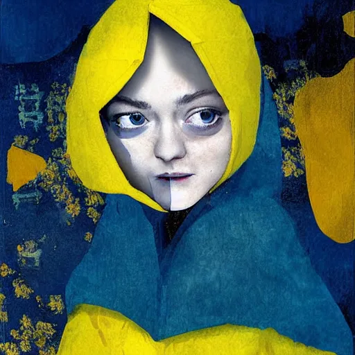 Prompt: Dakota Fanning with short blue hair wearing a yellow raincoat by Dave McKean