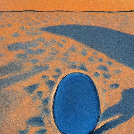 Prompt: a fauvist painting of a strange metallic object poking out from the sand, late evening light