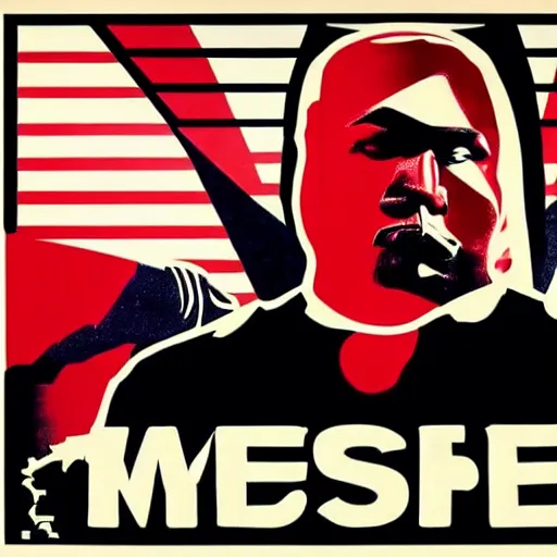 Image similar to Russian Propaganda Soviet screen-print shepard fairey illustrated poster of Kanye West as President standing in front of a USA America flag