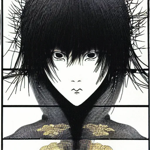 Image similar to prompt: Fragile looking soft light portrait face drawn by Takato Yamamoto and Katsuhiro Otomo, inspired by Ghost in Shell anime, magical and alchemical objects on the side, soft light, monochrome background, intricate detail, intricate ink painting detail, sharp high detail, manga and anime 2000