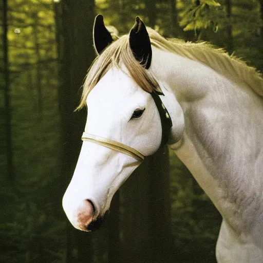 Image similar to 120mm photograph of a horse, wearing a white fly mask, forest , Photo is shot using a Rolleiflex TLR, with Kodachrome film,