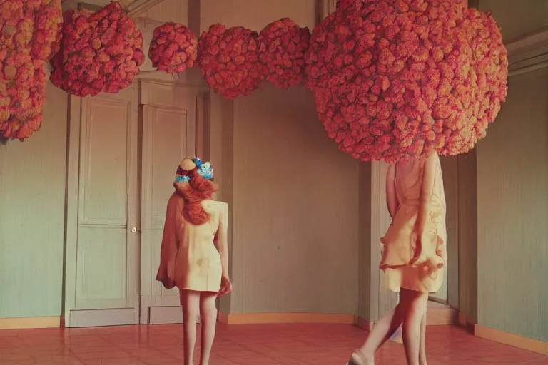 Image similar to giant flower head, girl standing in 1 9 6 0 s hotel, surreal photography, symmetry, mid century, liminal space, detailed, wes anderson