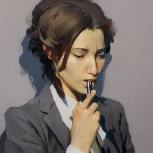 Prompt: a highly detailed beautiful portrait of a petty young woman smoking in a suit by yoji shinkawa, by gregory manchess, james gurney, james jean