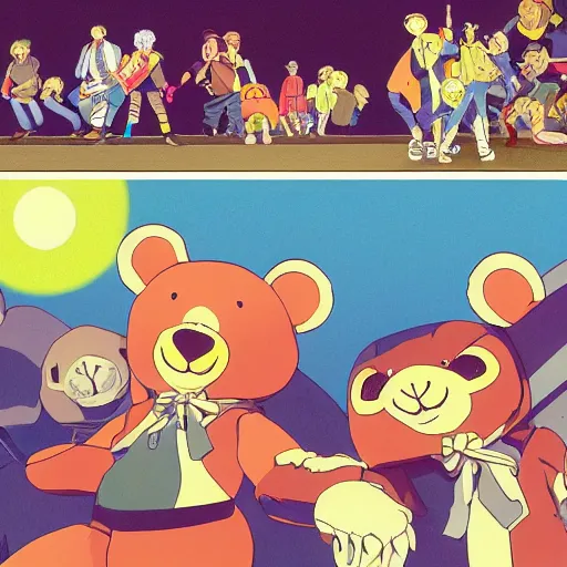 Image similar to happybears!, humanoid bears, bear costumes, happy faces, evil happy faces, rollerblading, rollerskates, four humanoid bears, 2 0 0 1 anime, flcl, golden hour, japanese town, cel - shaded, strong shadows, vivid hues, y 2 k aesthetic