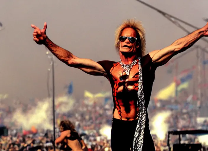 Image similar to photo still of david lee roth at the woodstock 9 9!!!!!!!! at age 3 6 years old 3 6 years of age!!!!!!!! on stage in spandex, 8 k, 8 5 mm f 1. 8, studio lighting, rim light, right side key light